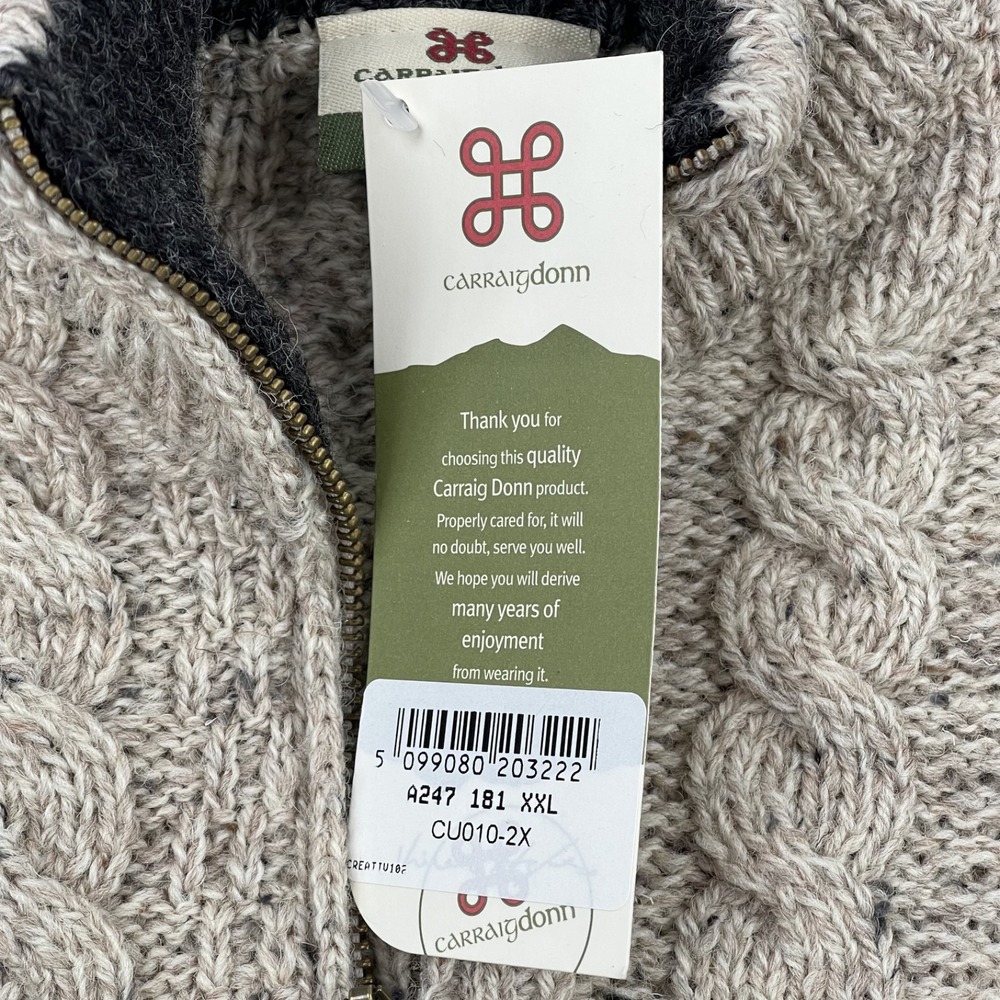 Carraig Donn Ireland Mens XXL Cable Knit 100% Wool 1/4 Zip Fisherman Sweater NWT - Picture 8 of 14